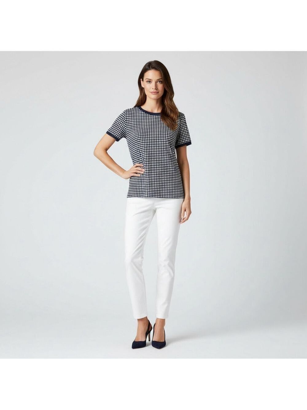 Anne Klein Navy White Polka Dot Short Sleeve Tee L